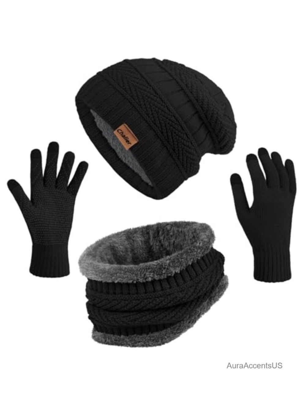 Women's Winter Knit Beanie Hat with Scarf and Gloves Set - Warm Fleece Lined